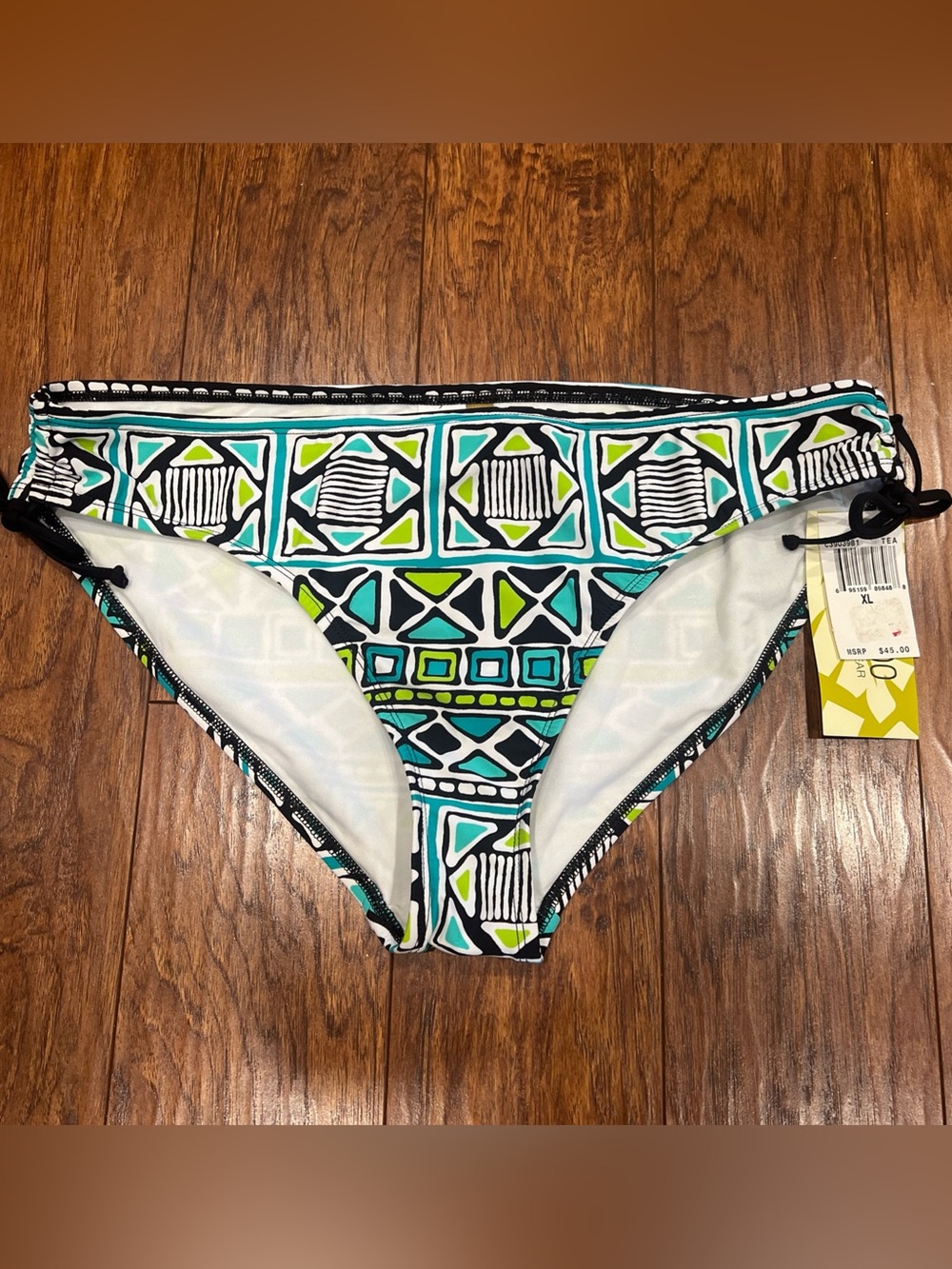 2 Bamboo Geometric Print Bikini Bottoms Womens XL Teal Black Lime NWT